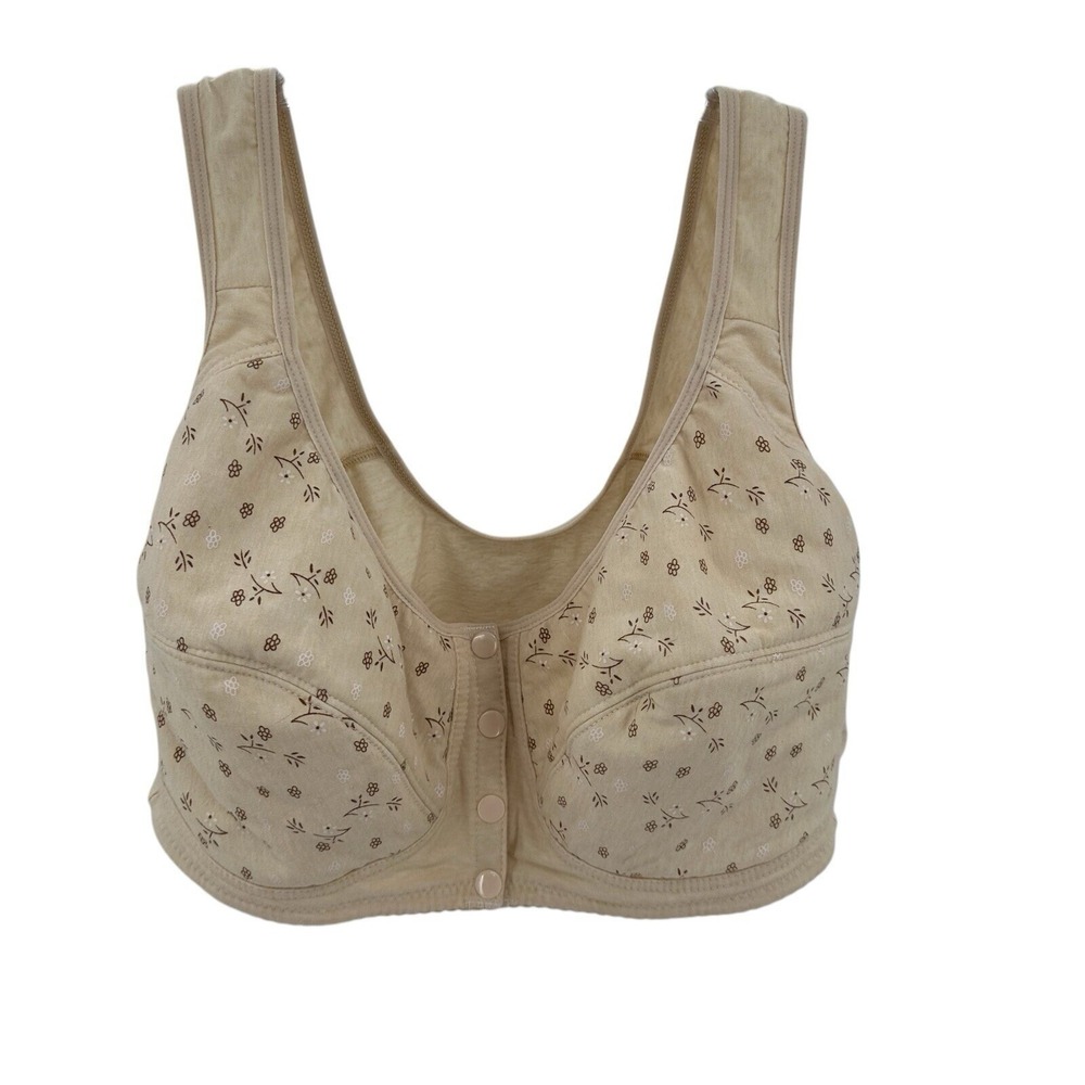 Floral Front Snap Women 3XL Wireless Comfort Bra Beige Tan  Full Coverage